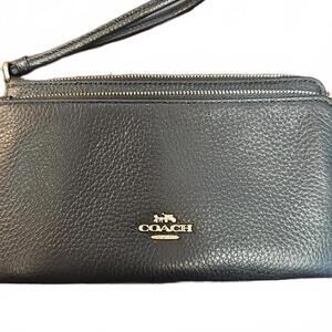 COACH Black Pebble Leather Double Zip Wristlet